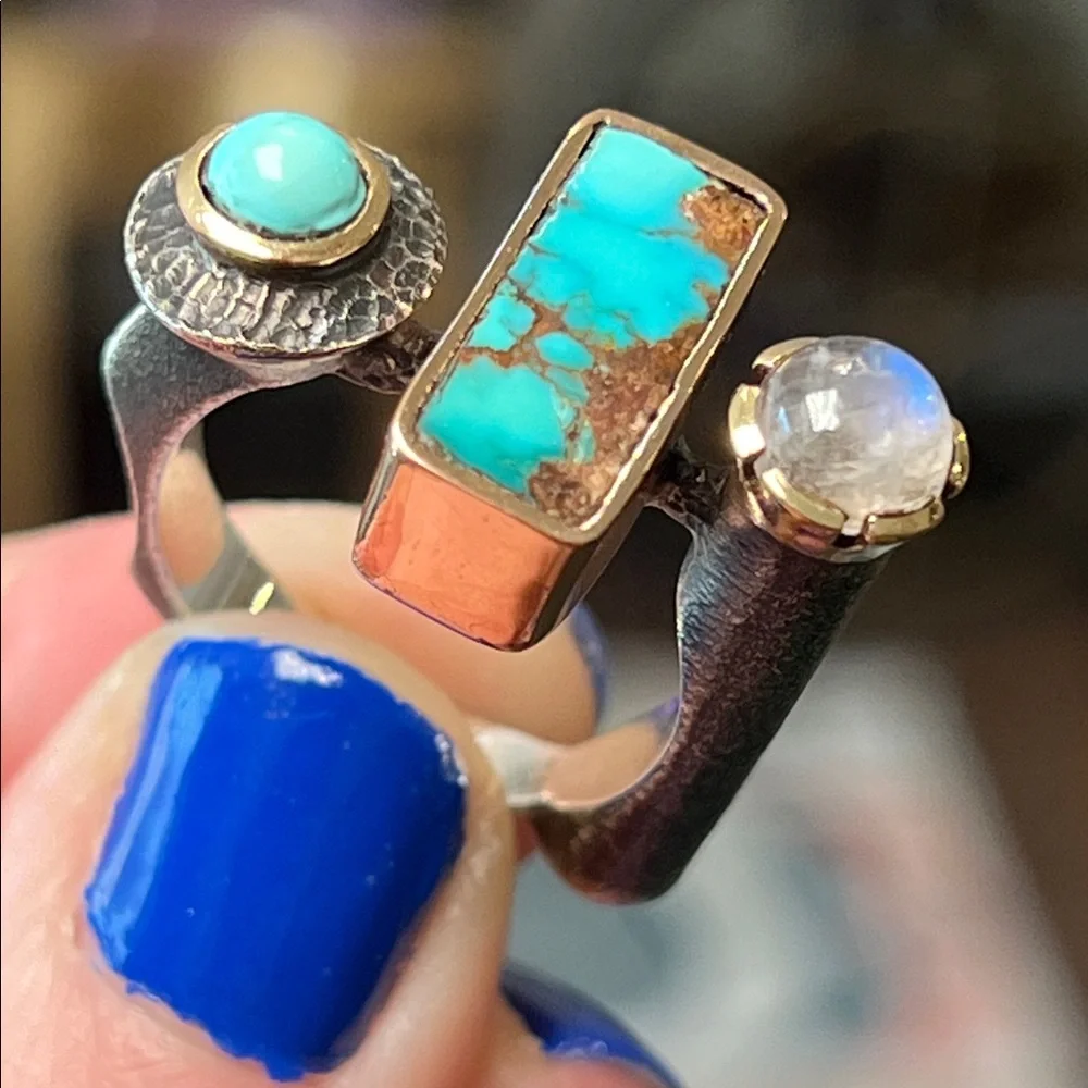 WOW! Artisan Turquoise Moonstone Sterling Silver Modernist Abstract Square Ring